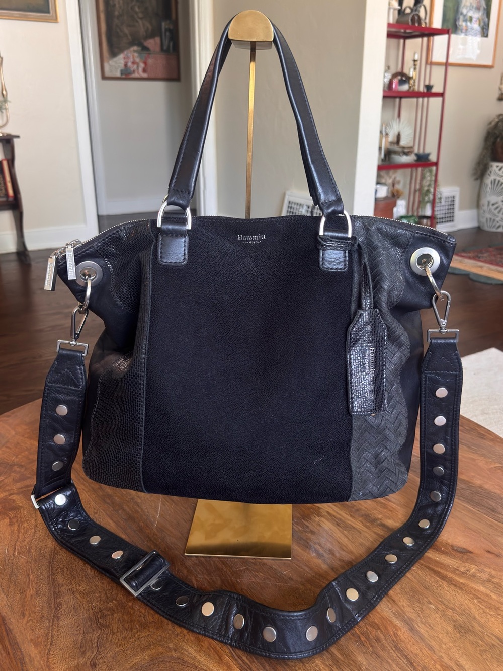 Hammitt Large Daniel Satchel Black Leather Suede Tote Studded Crossbody Silver